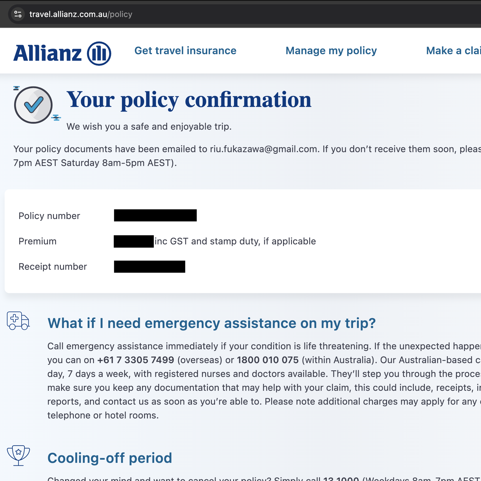 Allianz travel insurance page